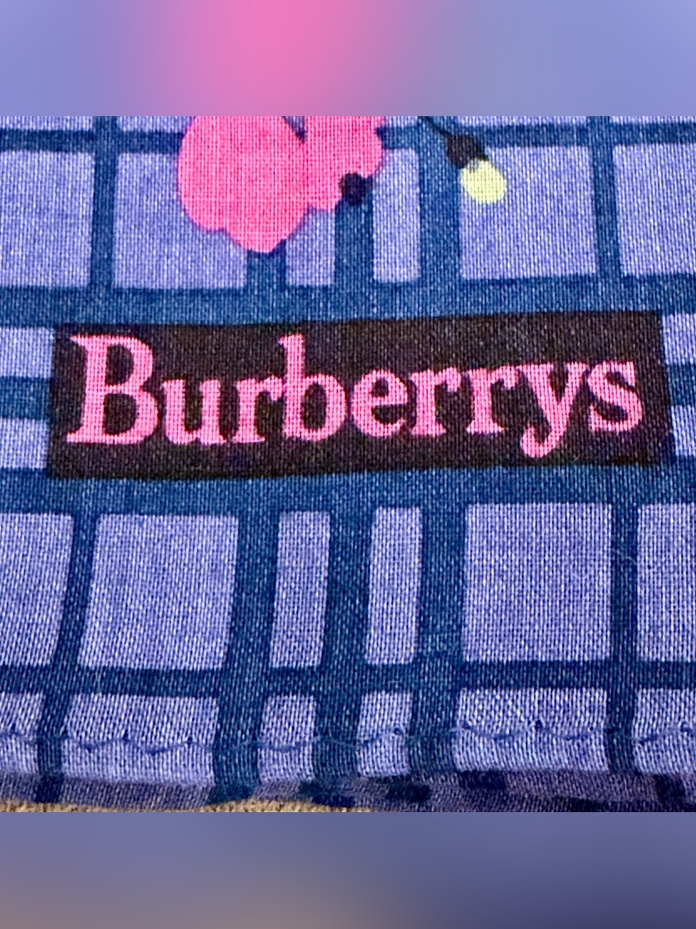 Vintage Burberrys Blue Check Plaid Pocket Square Scarf Handkerchief Pink Floral